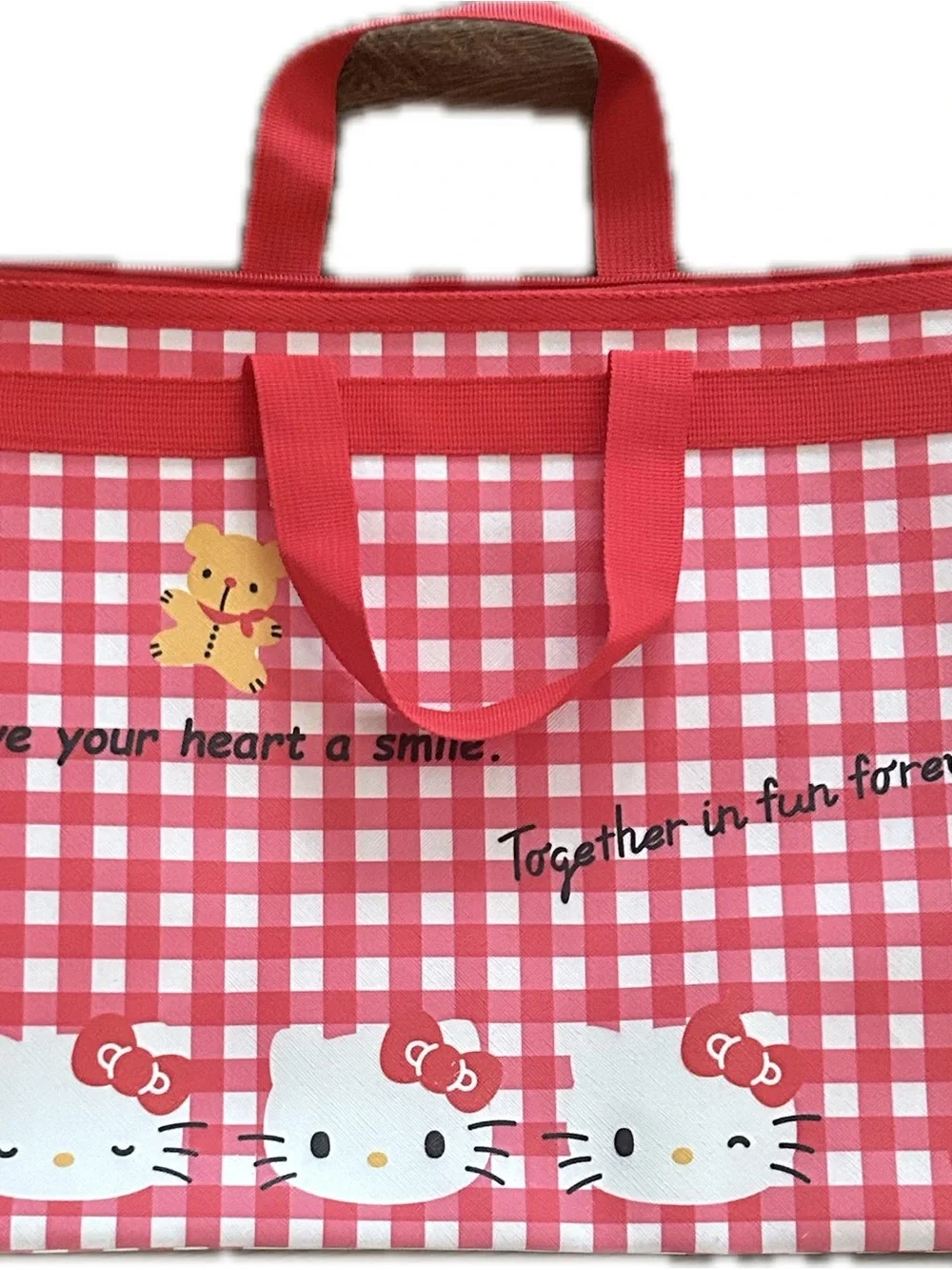 Hello Kitty Red and White Gingham Tote with Script Logo